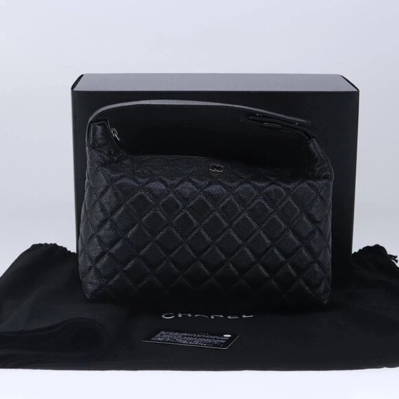 CHANEL Matelasse Hand Bag Grained Calf Skin Black CC Auth - Picture 2 of 16